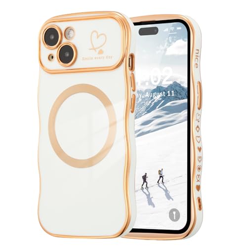 Coque magnétique pour iPhone 14 chic avec cadre ondulé blanc motif cœur