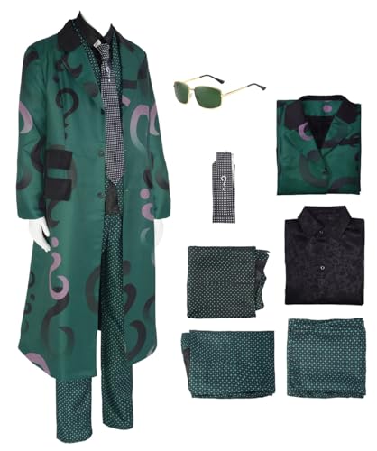 Mens Riddler Cosplay Costume Trenchcoat Green Suit Gothic Uniform Jacket Necktie Full Set Halloween Outfit (Green Full Set X-Large)