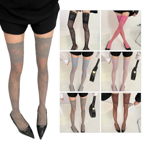 Vintage Floral Lace Trim Over Knee Fishnets Socks Retro Design Soft Nylon Thigh High Stockings For Women2