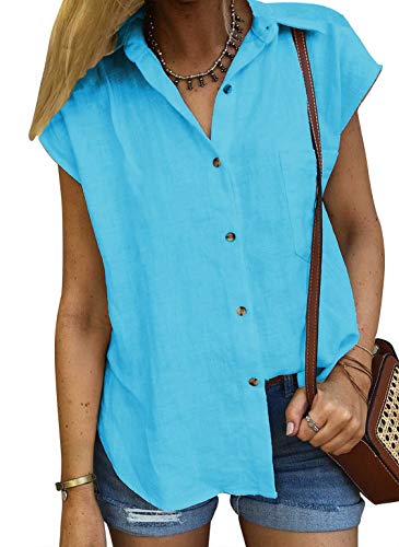 Lantch Damen Bluse Shirt Kurzarm Hemd Tops Oberteile Frauen Hemdbluse Elegant T-Shirt Lässige Mode Button V-Ausschnitt, XXL, Blau