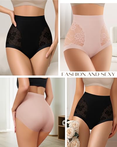 Image of Women's Underwear High Waisted Lace Panties Nylon Soft Full Coverage Breathable Ladies Briefs 4 Pack