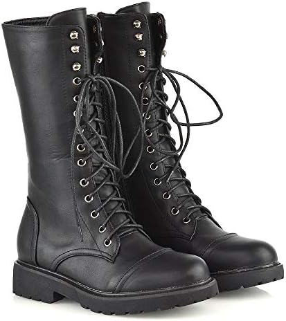 ESSEX GLAM Womens Lace Up Boots Ladies Black Synthetic Leather Mid Calf Combat Low Heel Platform Zipper Biker Goth Shoes 6 B(M) US | Image 3