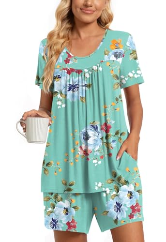 TAOHUADAO Womens Summer 2 Piece Pajama Sets, Short Sleeve Pleated Tunic Tops with Comfy Shorts, Lounge Sleepwear Ladies Pjs Sets with Pockets M, Mint Green