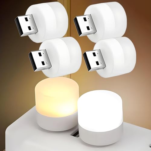 Image of 4Pack Mini USB Night Light - Compact Portable Plug in LED Ambient Lighting Source for Home Kitchen Bedroom, Bathroom, Hallway, Corridor, Nursery, Keyboard, Car Tiny Decorative Lamp Bulb, Warm White