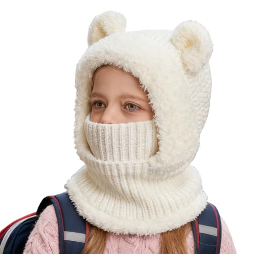 Gorro de invierno con orejas de oso 3D de 21,2 pulgadas con cubierta para la cara | Sombrero de felpa cálido para la temporada de frío para niños, niñas, niños, adol, Color blanco., L