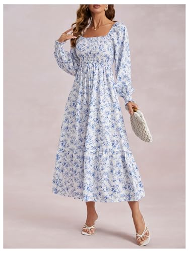 Image of MakeMeChic Women's Floral Lantern Long Sleeve Dress Square Neck Ruffle Hem Dresses Shirred A Line Vacation Dresses Blue and White X-Small