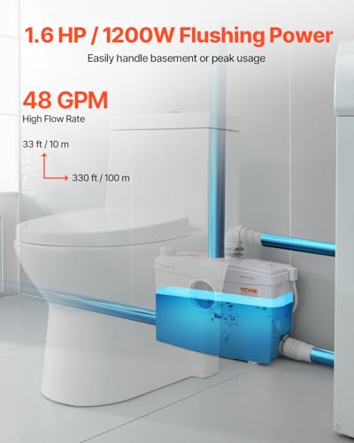 Image of VEVOR 1200W Macerator Pump, 48 GPM Flow, 33 ft /10 m Head, Macerator Sewerage Toilet Pump with 4 Water Inlets, Waste Water Disposal Upflush Machine for Toilet, Basement, Shower, Sink, Laundry, Bathtub