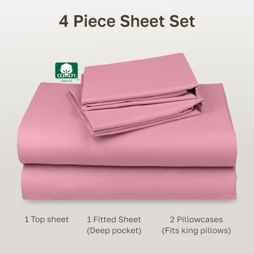 Image of Natural 100% Cotton King Sheets Set, Soft, Durable Sateen, Doll Pink | Good Housekeeping Seal, Lightweight, Breathable, For Hot Sleepers, 4pc Set, 14 inch Deep Pockets, All-around Elastic, OEKO-TEX