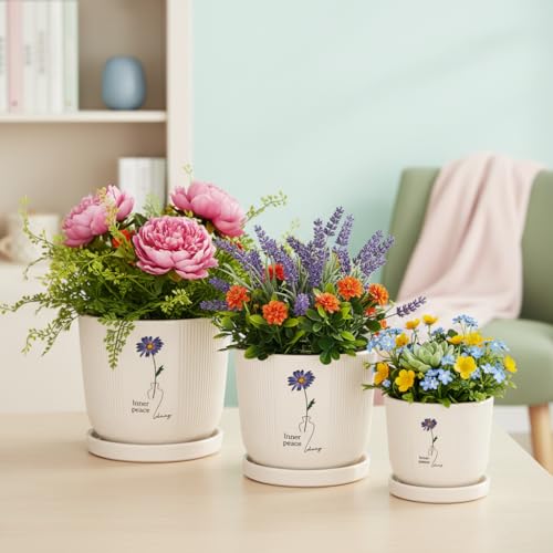 Image of Xtore Serene Floral Ceramic Planter Set with Drainage Saucers | Decorative Planter Pots for Living Room & Contemporary Plant Display (Set of 3, Ivory Beige - Planters only)