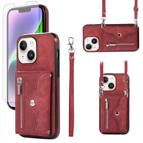 Étui de protection pour iPhone 15 Plus élégance en cuir rouge de style portefeuille