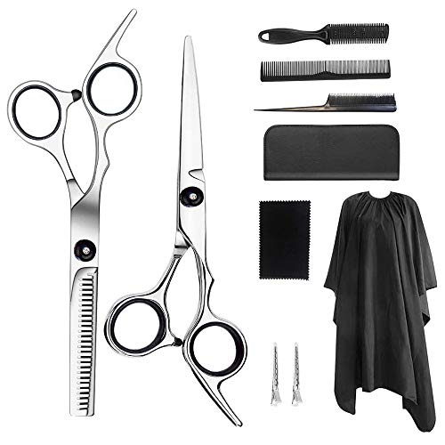 Cutting Scissors Set 10 Pcs Professional Hairdressing Scissors Kit, Hair Cutting Scissors, Thinning Shears, Hair Razor Comb, Clips, Cape, Shears Kit for Home, Salon, Barber