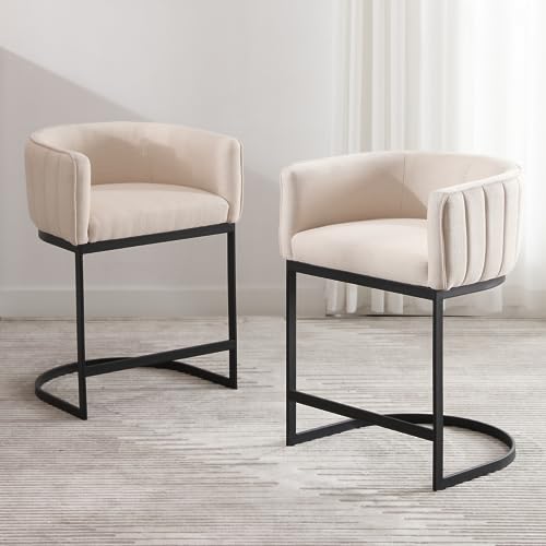 DM Furniture 24\" Counter Height Bar Stools for Kitchen Island Modern Linen Fabric Upholstered Barrel Stool Chair with Arm and Black Metal Legs for Breakfast Bar/Dining Room/Reception/Cafe, Beige - Thumbnail 2