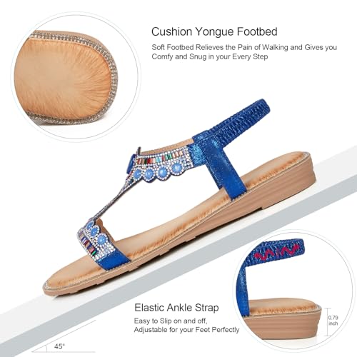 Image of iCKER Womens Rhinestone Strappy Flat Sandals Elastic Ankle Strap Open‑Toe