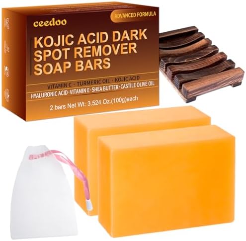 Kojic Acid Soap for Dark Spot Remover Bars with Turmeric, Vitamin C, Retinol, Collagen with Hyaluronic Acid, Vitamin E, Shea Butter, Castile Olive Oil - 3.52 OZ x 2 Bars