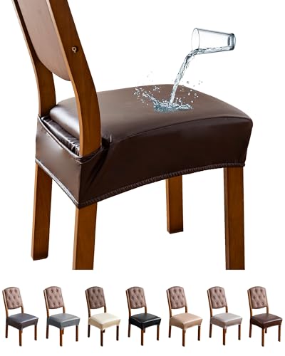 Genina Dining Chair Covers Set of 2, Waterproof PU Leather Dining Seat Covers Stretch Wipeable Dining Room Seat Cover Kitchen Chair Slipcover Protector (Rear-Covered Design, Chocolate)
