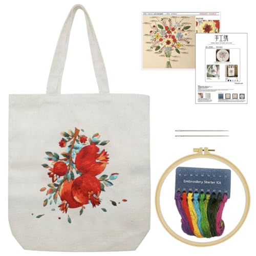 KABAKE Kits de bordado para principiantes con bolsa de lona, kit de bordado para manualidades artísticas DIY, incluye bolsa de bordado estampada, hilos, herramientas de bordado (Bolsa beige con
