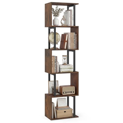 Giantex 5-Tier Modern Bookshelf, 147cm Tall S-Shaped Geometric Bookcase w/Metal Frame, Freestanding Open Shelving Unit, Space-Saving Decorative Display Shelves for Home Office (Rustic Brown + Black)