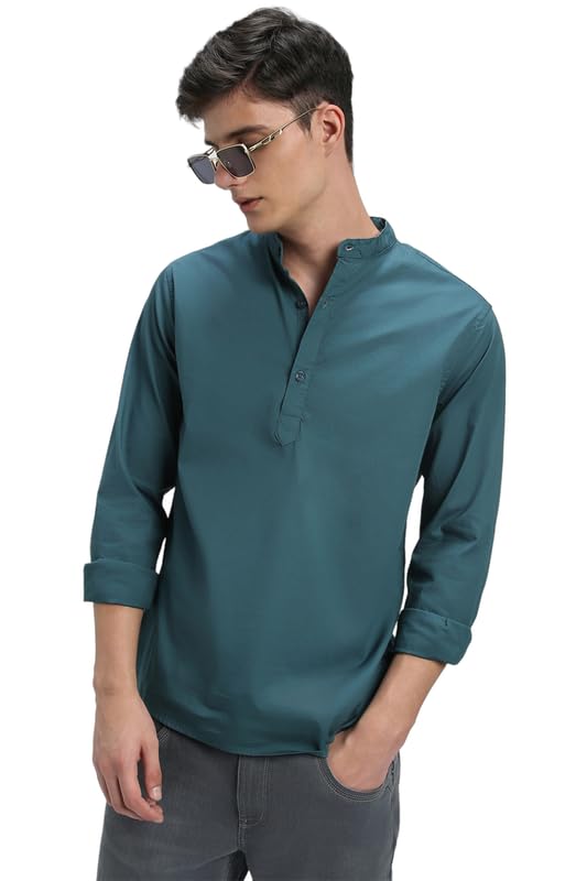 Image of Dennis Lingo Men's Cotton Solid Slim Fit Mandarin Collar Full Sleeves Casual Shirt