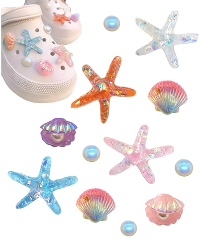 Tikono Dijes para Zapatos de Verano y Playa, Bonitas Estrellas Marinas y Conchas, 12 Piezas para Sandalias Tipo Zuecos, Plástico