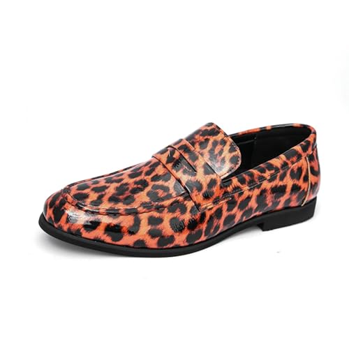 Men's Fashion Leopard Leather Slip-On Lightweight Dress Penny Loafer Shoes Tuxedo Round Toe Low Top Non-Slip Casual Smoking Shoes for Dating Dress Wedding Party Prom