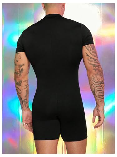 SHENHE Men's Short Sleeve Mock Neck Bodysuit Full Body Zip Up Leotard Slim Fit Jumpsuits2