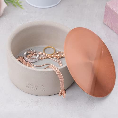 Sasha Morel Round Concrete Jewellery Storage Organiser Case Bowl Trinket Pot with Copper Metal Lid for Small Accessories - Earings Necklace Rings (Single)