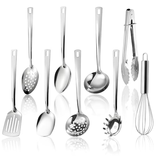 9 Stück Küchenhelfer Set Edelstahl - Küchenwerkzeug mit Hängeloch Design Küchenutensilien Spülmaschinengeeignet Edelstahl Schöpflöffel Pfannenwender Siebspatel und mehr Silberfarben