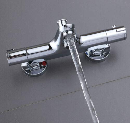 Grifo mezclador para bañera y ducha, de acero inoxidable, con protección contra quemaduras, 20 – 50 ℃, 2 salidas de agua con botón de seguridad de 38 °C
