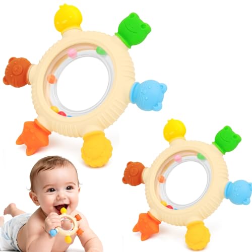 Baby Teething Rings Rattle Toys - BPA-Free Silicone Teether for 0-24 Months Infants & Toddlers, Safe Soft Chew Toys with Rattle Sound, Essential Teething Relief for Babies - image 1