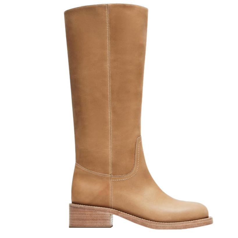 UniqueStride Women Knee High Boots Round Toe Low Chunky Heel Pull On Fashion Tall Moto Riding Boots
