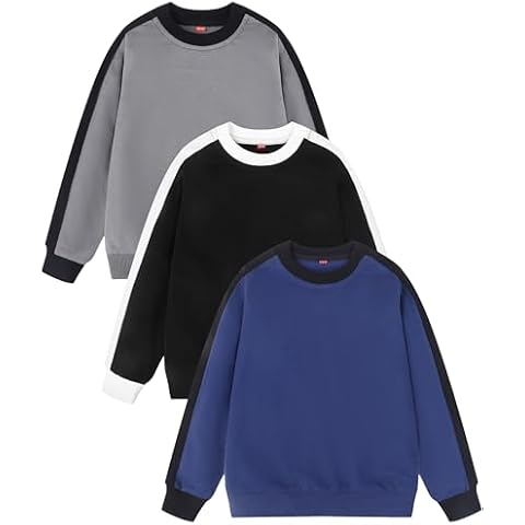 GFQLONG 3 Pack Toddler Boy Crewneck Sweatshirt Kids Lightweight Cotton Long Sleeve Shirts Fall Fashion Pullover Tops,Black+Dark Grey+Navy, 6-7 Years Cover