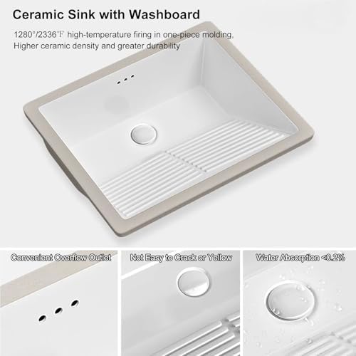 Undermount Ceramic Laundry Sink with Washboard & Faucet - Rectangular Vanity Sink for Bathroom, 47x47x22cm (18.5x18.5x8.7in) - Overflow Design, Ideal for Laundry & Lavatories