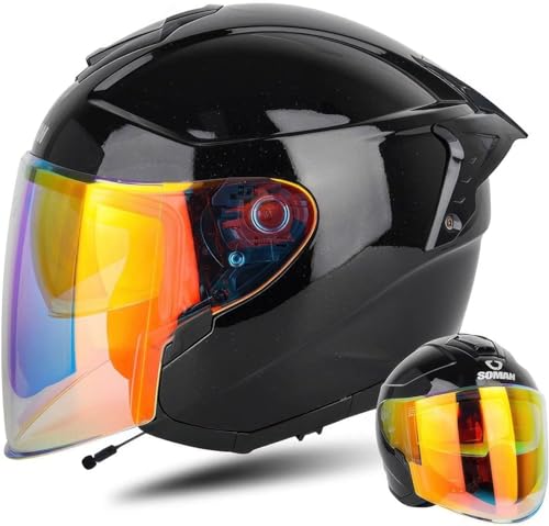 Casque moto ouvert rétro Bluetooth 3/4 demi-casque universel double pare-soleil noir taille M XXL