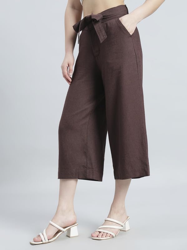 Image of GO COLORS Solid Linen Culottes for Women | High Rise, Side Pockets, Front tie-up