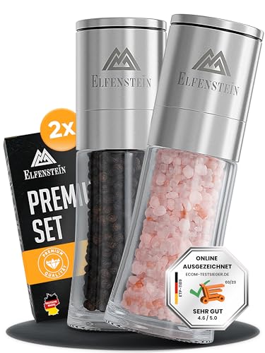 ELFENSTEIN Moulin à sel et à poivre en acier inoxydable avec [broyeur céramique - réglable en continu] Set de moulin a poivre et à sel, petit moulin à poivre et à sel, moulin poivre pour sel