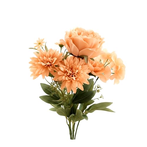 Image of Artificial Flower Bouquet - Orange Silk Roses, Peony & Mixed Flowers with Green Leaves | Realistic Faux Floral Arrangement for Home Decoration, Wedding, Party & Gift
