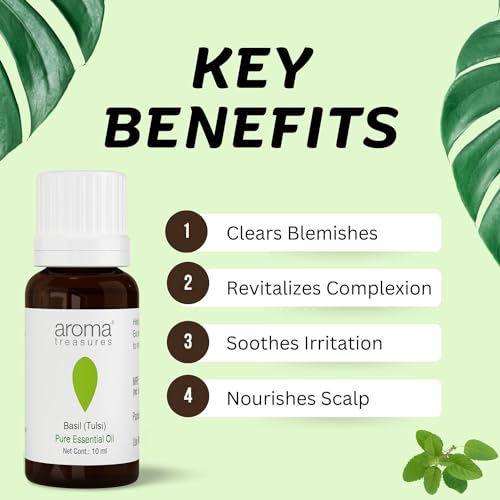 Image of Aroma Treasures Basil Tulsi Essential Oil | 100% Pure & Natural Theraputic Essential oil for healthy Skin, body, Aromatherapy - 10ml