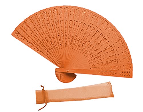 Abanicos Lisos de Madera Natural, Detalles de Bodas, Bautizos, Comuniones y Eventos, Ventilador Plegable de Mano de Sándalo en Bolsa de Organza, Colores surtido (Naranja)