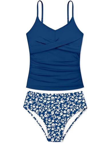 Image of Girls Swimsuit 2 Piece Bathing Suit Criss Cross Ruched Girl Tankini Sets Printed Girls' Swimwear for 9-18 Years