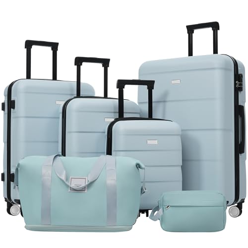 Image of 6 Pcs ABS Hardshell Luggage Sets Spinner Wheel Suitcase Lock Suitcases Light Blue
