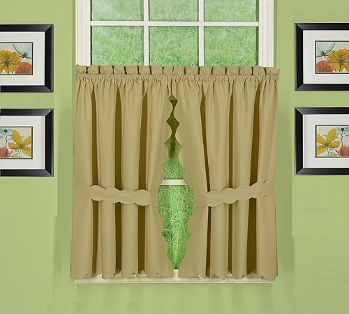 Today's Curtain, Orleans Scallop Curtain, Linen 36" Tier Pair and Tieback, 60" W x 36" L, Linen