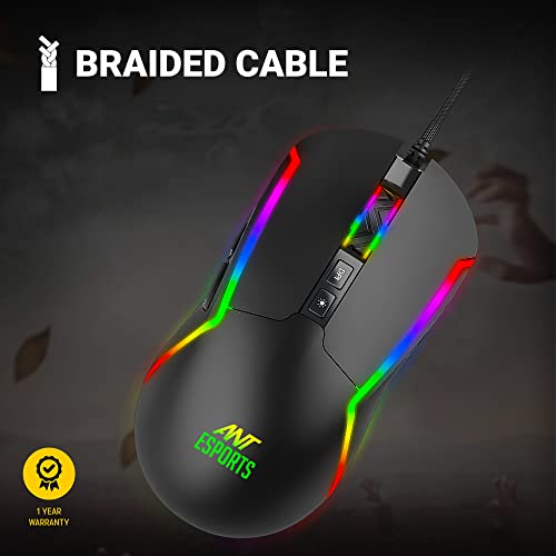 Image of Ant Esports GM330 RGB Optical Wired Gaming Mouse - Black, Multicolor Backlit Lighting, 12800 DPI Optical Sensor, Light Weight and Flexible Braided Cable