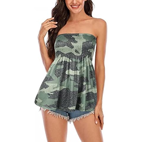SHEBUYLLI Womens Summer Sleeveless Tank Tops Leopard Bandeautop Vest Floral Camouflage Tube Tops (Pea Green,S) Cover