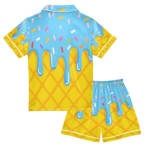 ALAZA Yellow Blue Ice Cream Satin Pajamas Set Short Sleeve Button Down Sleepwear Summer Pjs 2 Piece2