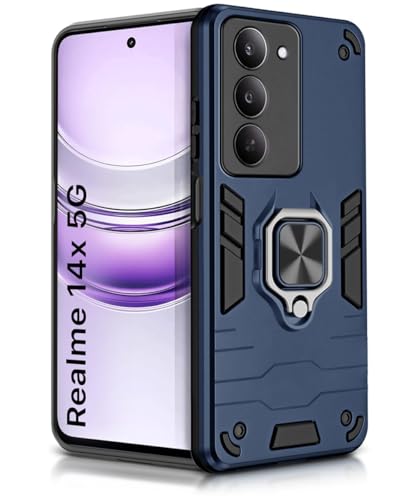 Image of WOW IMAGINE Shock Proof Back Case Mobile Cover for Realme 14x 5G | Back Cover Case (Tough Armor | Hybrid PC + TPU | Ring Holder & in-Built Kickstand | Blue)