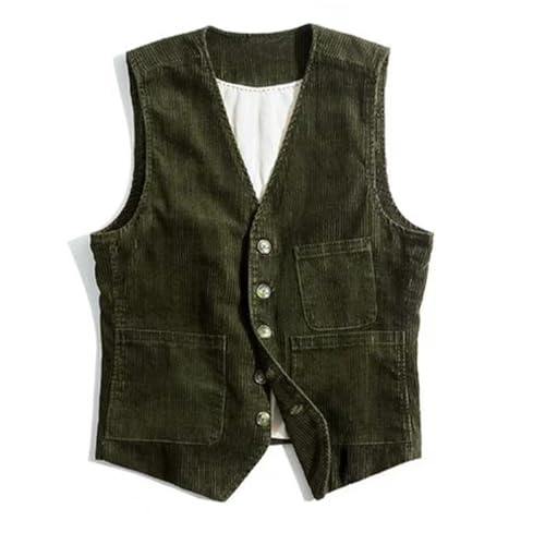 Men's Vintage Corduroy Sleeveless Vest, Casual V-Neck Dress Vest Waistcoat Button Belt Back with Pockets