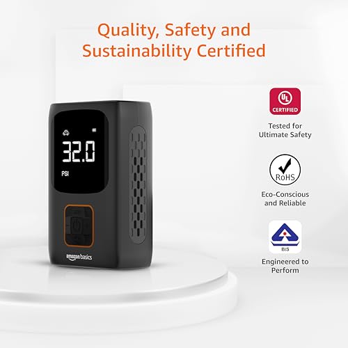 Image of amazon basics Digital Tyre Inflator | 150 PSI | Portable Air Compressor | 2x2000 mAh Battery | Copper Winding Motor | LED Light | Auto Shut-off | Cordless | Multiple Nozzles| Black