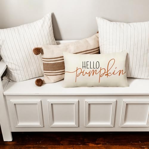GTEXT 12x20 inch Fall Throw Pillow Cover Hello Pumpkin Cushion Cover Autumn Decor Fall Pumpkins Pillowcase Outdoor Pillow Linen Square Cushion,Sofa Fall Pillow Cover