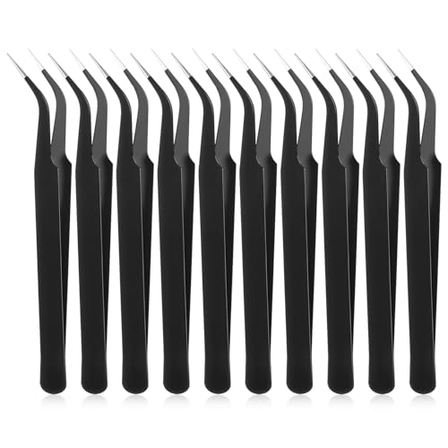 10 Pieces Tweezers for Crafting Stainless Steel Curved Pointed Tweezers Precision Sticker Tweezer with Protective Cover for Eyelash Extensions Stickers Rhinestones Crafts (Black)