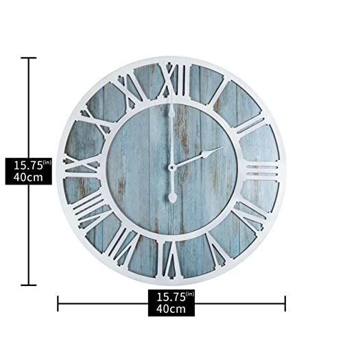 Wood Wall Clock Farmhouse Style Metal Silent Non Ticking Round Rustic Beach Blue Solid Wooden Noiseless Wall Clocks with Roman Numerals for Living Room Decor,Dining Room,Kitchen,Office (40CM)… - Image 2